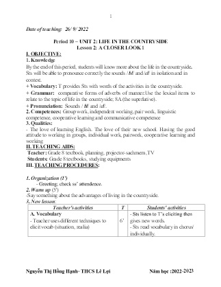 Giáo án Tiếng Anh 8 - Period 10-12, Unit 2: Life in the countryside - Năm học 2022-2023 - Nguyễn Thị Hồng Hạnh