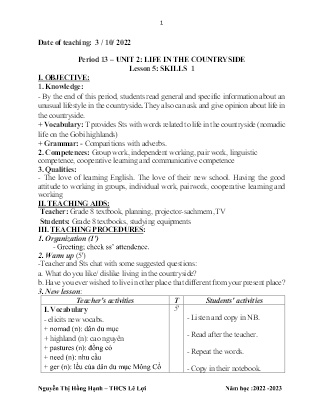 Giáo án Tiếng Anh 8 - Period 13-15, Unit 2: Life in the countryside - Năm học 2022-2023 - Nguyễn Thị Hồng Hạnh