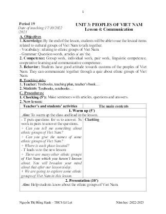 Giáo án Tiếng Anh 8 - Period 19-21, Unit 3: Peopples of Viet Nam - Năm học 2022-2023 - Nguyễn Thị Hồng Hạnh