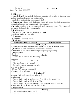Giáo án Tiếng Anh 8 - Period 24: Review 1 (P2) - Năm học 2022-2023 - Nguyễn Thị Hồng Hạnh