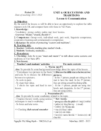Giáo án Tiếng Anh 8 - Period 28-30, Unit 4: Our customs and traditions - Năm học 2022-2023 - Nguyễn Thị Hồng Hạnh