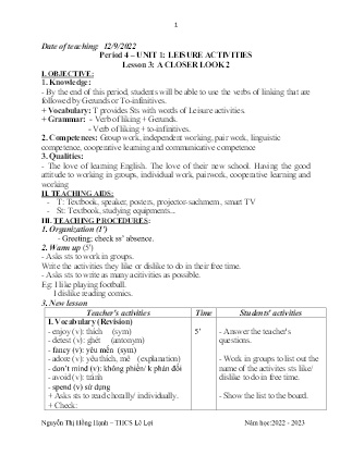 Giáo án Tiếng Anh 8 - Period 4+5, Unit 1: Leisure acrivities - Năm học 2022-2023 - Nguyễn Thị Hồng Hạnh