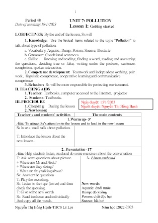 Giáo án Tiếng Anh 8 - Period 48+49, Unit 7: Pollution - Năm học 2022-2023 - Nguyễn Thị Hồng Hạnh