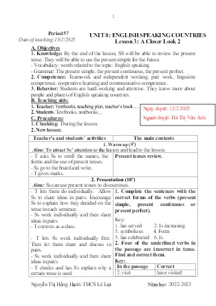 Giáo án Tiếng Anh 8 - Period 57-59, Unit 8: English speaking countries - Năm học 2022-2023 - Nguyễn Thị Hồng Hạnh