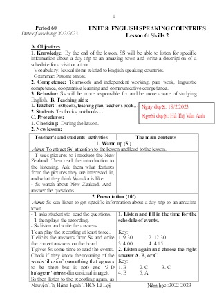 Giáo án Tiếng Anh 8 - Period 60+61, Unit 8: English speaking countries - Năm học 2022-2023 - Nguyễn Thị Hồng Hạnh