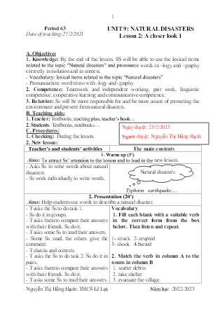 Giáo án Tiếng Anh 8 - Period 63-65, Unit 9: Natural disasters - Năm học 2022-2023 - Nguyễn Thị Hồng Hạnh