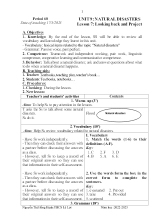 Giáo án Tiếng Anh 8 - Period 68, Unit 9: Natural disasters (Lesson 7) - Năm học 2022-2023 - Nguyễn Thị Hồng Hạnh