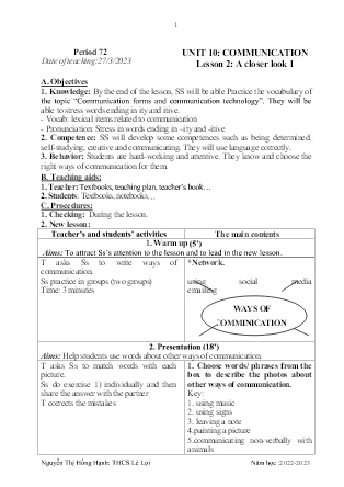 Giáo án Tiếng Anh 8 - Period 72-74, Unit 10: Communication - Năm học 2022-2023 - Nguyễn Thị Hồng Hạnh