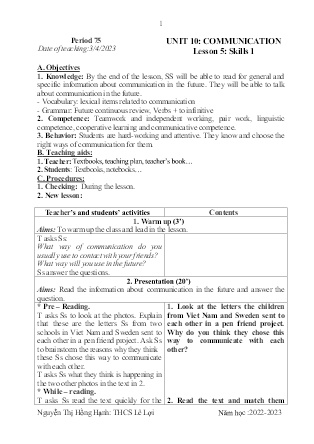 Giáo án Tiếng Anh 8 - Period 75-77, Unit 10: Communication - Năm học 2022-2023 - Nguyễn Thị Hồng Hạnh