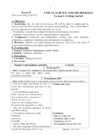 Giáo án Tiếng Anh 8 - Period 78-80, Unit 11: Science and technology - Năm học 2022-2023 - Nguyễn Thị Hồng Hạnh