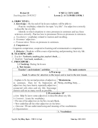 Giáo án Tiếng Anh 9 - Period 10-12, Unit 2: City life - Năm học 2022-2023 - Nguyễn Thị Hồng Hạnh