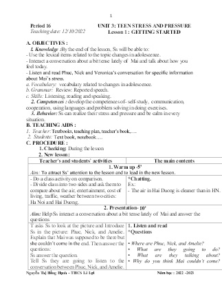 Giáo án Tiếng Anh 9 - Period 16-18, Unit 3: Teen stress and pressure - Năm học 2022-2023 - Nguyễn Thị Hồng Hạnh