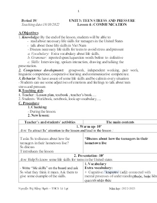 Giáo án Tiếng Anh 9 - Period 19-21, Unit 3: Teen stress and pressure - Năm học 2022-2023 - Nguyễn Thị Hồng Hạnh