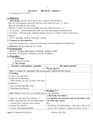Giáo án Tiếng Anh 9 - Period 24: Review 1 Skills - Năm học 2022-2023 - Nguyễn Thị Hồng Hạnh