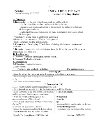 Giáo án Tiếng Anh 9 - Period 25-27, Unit 4: Life in the past - Năm học 2022-2023 - Nguyễn Thị Hồng Hạnh
