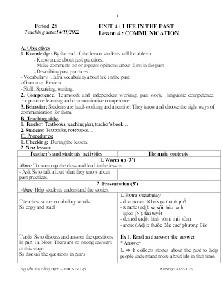 Giáo án Tiếng Anh 9 - Period 28-30, Unit 4: Life in the past - Năm học 2022-2023 - Nguyễn Thị Hồng Hạnh
