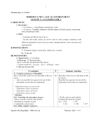Giáo án Tiếng Anh 9 - Period 4-6, Unit 1: Local environment - Năm học 2022-2023 - Nguyễn Thị Hồng Hạnh