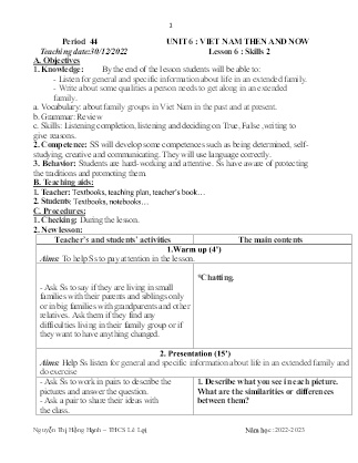 Giáo án Tiếng Anh 9 - Period 44, Unit 6: Viet Nam then and now (Lesson 6) - Năm học 2022-2023 - Nguyễn Thị Hồng Hạnh
