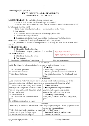 Giáo án Tiếng Anh 9 - Period 48+49, Unit 7: Recipes and habits - Năm học 2022-2023 - Nguyễn Thị Hồng Hạnh