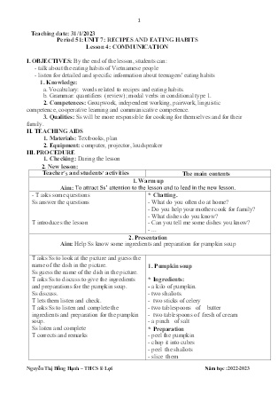 Giáo án Tiếng Anh 9 - Period 51-53, Unit 7: Recipes and eating habits - Năm học 2022-2023 - Nguyễn Thị Hồng Hạnh