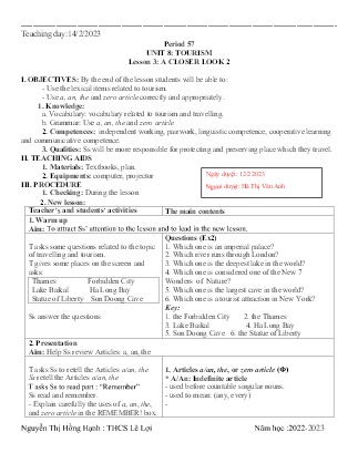 Giáo án Tiếng Anh 9 - Period 57-59, Unit 8: Tourism - Năm học 2022-2023 - Nguyễn Thị Hồng Hạnh