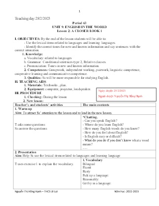 Giáo án Tiếng Anh 9 - Period 63-65, Unit 9: English in the world - Năm học 2022-2023 - Nguyễn Thị Hồng Hạnh