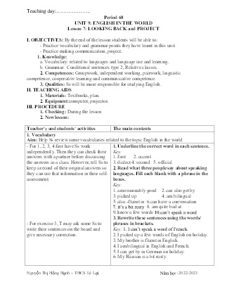 Giáo án Tiếng Anh 9 - Period 68, Unit 9: English in the world (Lesson 7) - Năm học 2022-2023 - Nguyễn Thị Hồng Hạnh