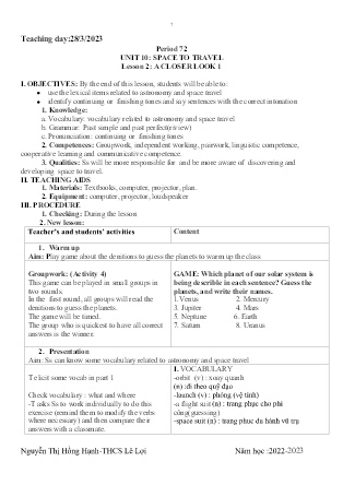Giáo án Tiếng Anh 9 - Period 72-74, Unit 10: Space to travel - Năm học 2022-2023 - Nguyễn Thị Hồng Hạnh