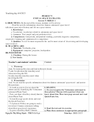 Giáo án Tiếng Anh 9 - Period 75-77, Unit 10: Space to travel - Năm học 2022-2023 - Nguyễn Thị Hồng Hạnh
