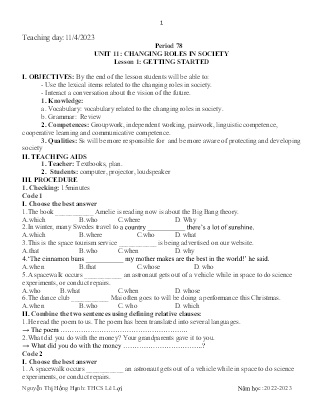 Giáo án Tiếng Anh 9 - Period 78-80, Unit 11: Changing roles in society - Năm học 2022-2023 - Nguyễn Thị Hồng Hạnh