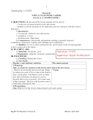 Giáo án Tiếng Anh 9 - Period 86-89, Unit 12: My future carrer - Năm học 2022-2023 - Nguyễn Thị Hồng Hạnh