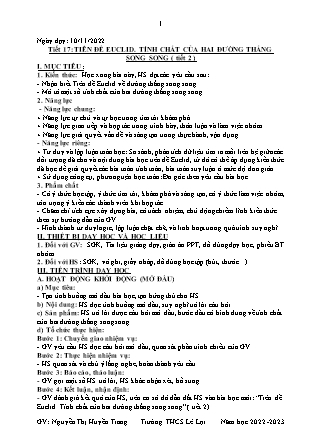 Giáo án Toán 7 - Tiết 17: Tiên đề Euclid. Tính chất của 2 đường thẳng song song (Tiết 2) - Năm học 2022-2023 - Nguyễn Thị Huyền Trang