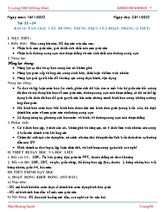 Giáo án Toán 7 - Tiết 23+24, Bài 16: Tam giác cân. Đường trung trực của đoạn thẳng - Năm học 2022-2023 - Mai Hoàng Sanh