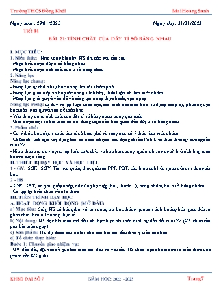 Giáo án Toán 7 - Tiết 44-46, Bài 21: Tính chất của dãy tỉ số bằng nhau. Luyện tập chung - Năm học 2022-2023 - Mai Hoàng Sanh