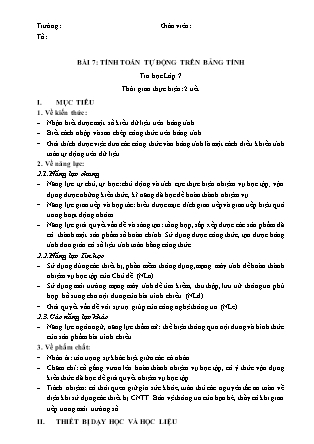 Kế hoạch bài dạy Tin học 7 - Bài 7: Tính toán tự động trên bảng tính