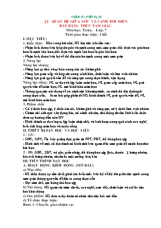 Kế hoạch bài dạy Toán 7 - Tiết 22+23, Bài 2: Quan hệ giữa góc và cạnh đối diện. Bất đẳng thức tam giác